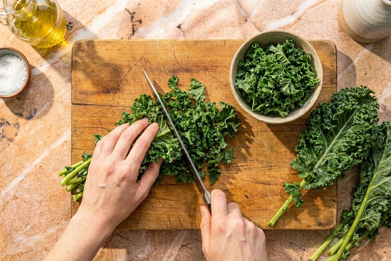 Fresh kale being chopped on a wooden cutting board in a home kitchen with a chef’s knife