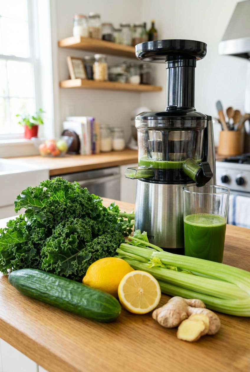 Fresh kale leaves, cucumber, celery, lemon, and ginger arranged on a kitchen counter next to a juicer