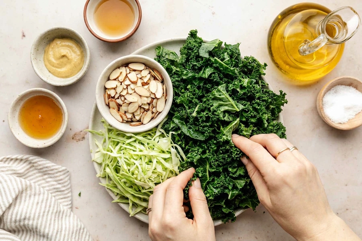 Fresh kale, shredded green cabbage, sliced almonds, Dijon mustard, apple cider vinegar, olive oil, and honey arranged on a light stone kitchen counter