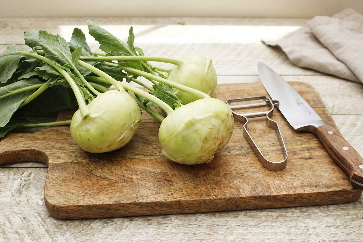 Fresh kohlrabi bulbs with stems and leaves on a wooden cutting board beside a vegetable peeler and chef's knife on a bright kitchen counter