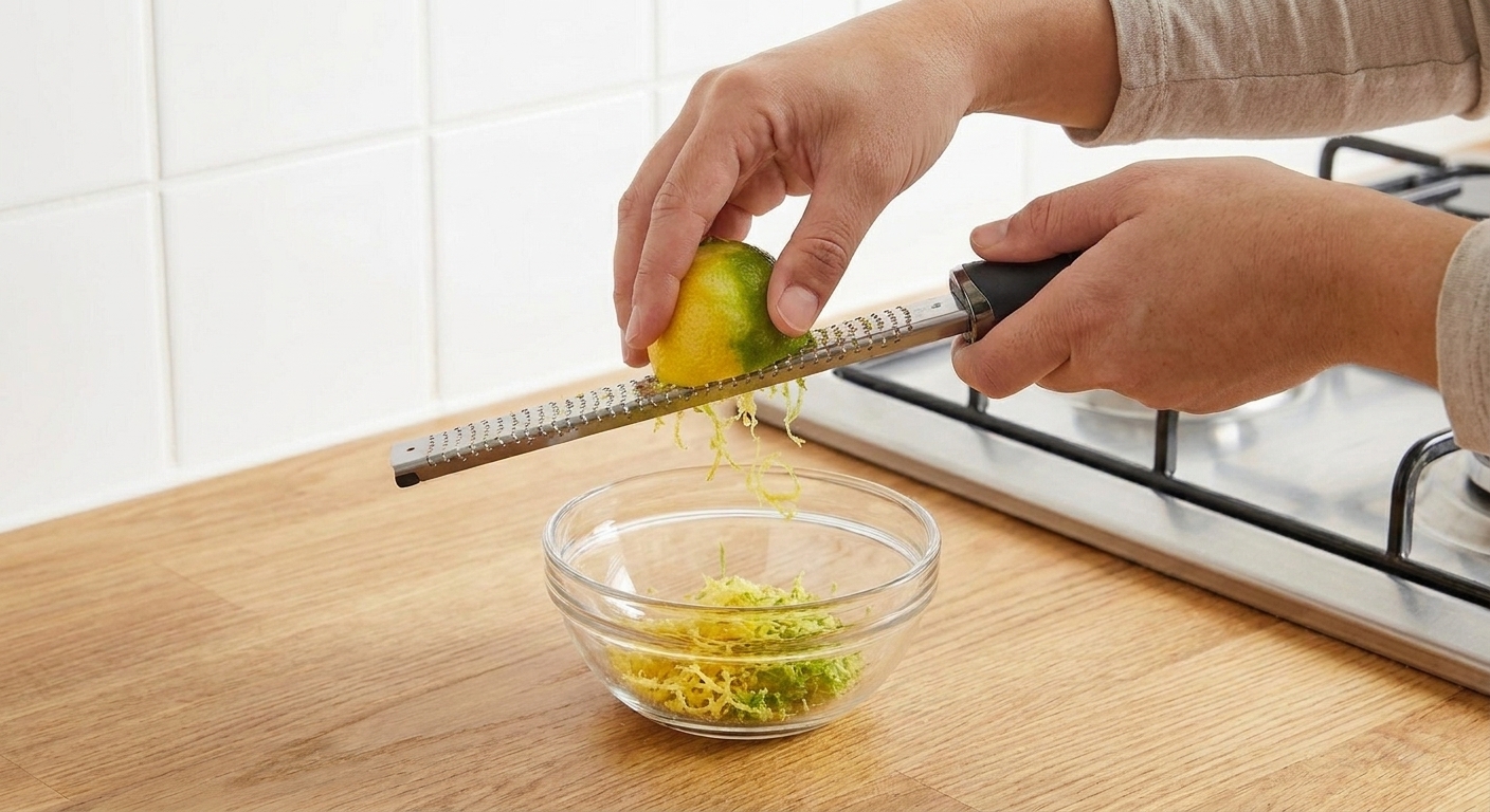 Fresh lemon and lime being zested over a small bowl on a bright kitchen counter
