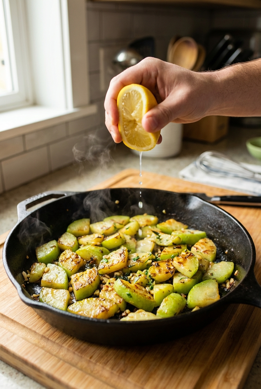 Fresh lemon being squeezed over sautéed chayote in a skillet