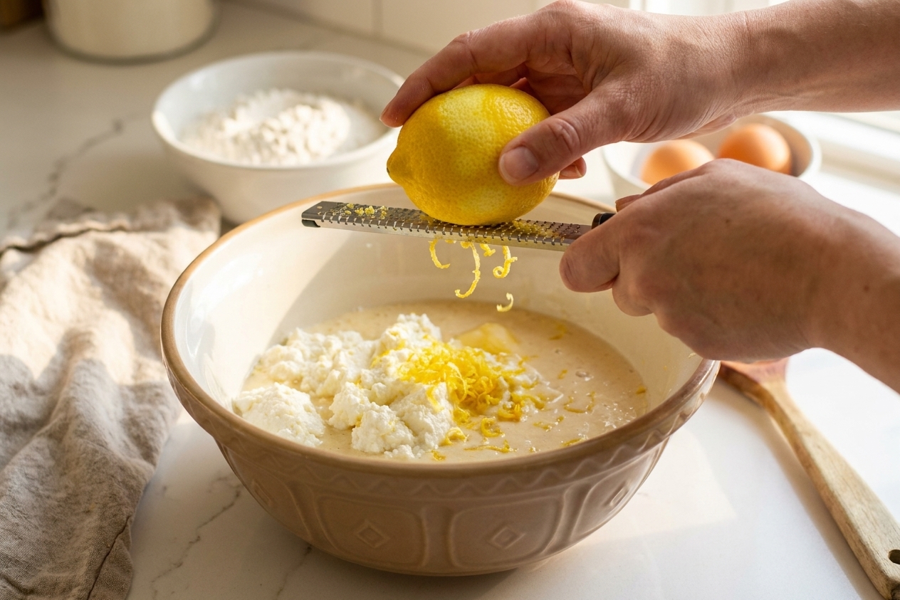 Fresh lemon being zested over a mixing bowl with ricotta and wet pancake ingredients on a kitchen counter