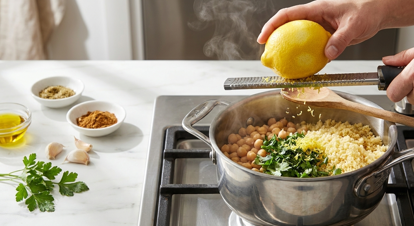 Fresh lemon being zested over a pot of couscous with chickpeas and chopped herbs ready to be stirred in