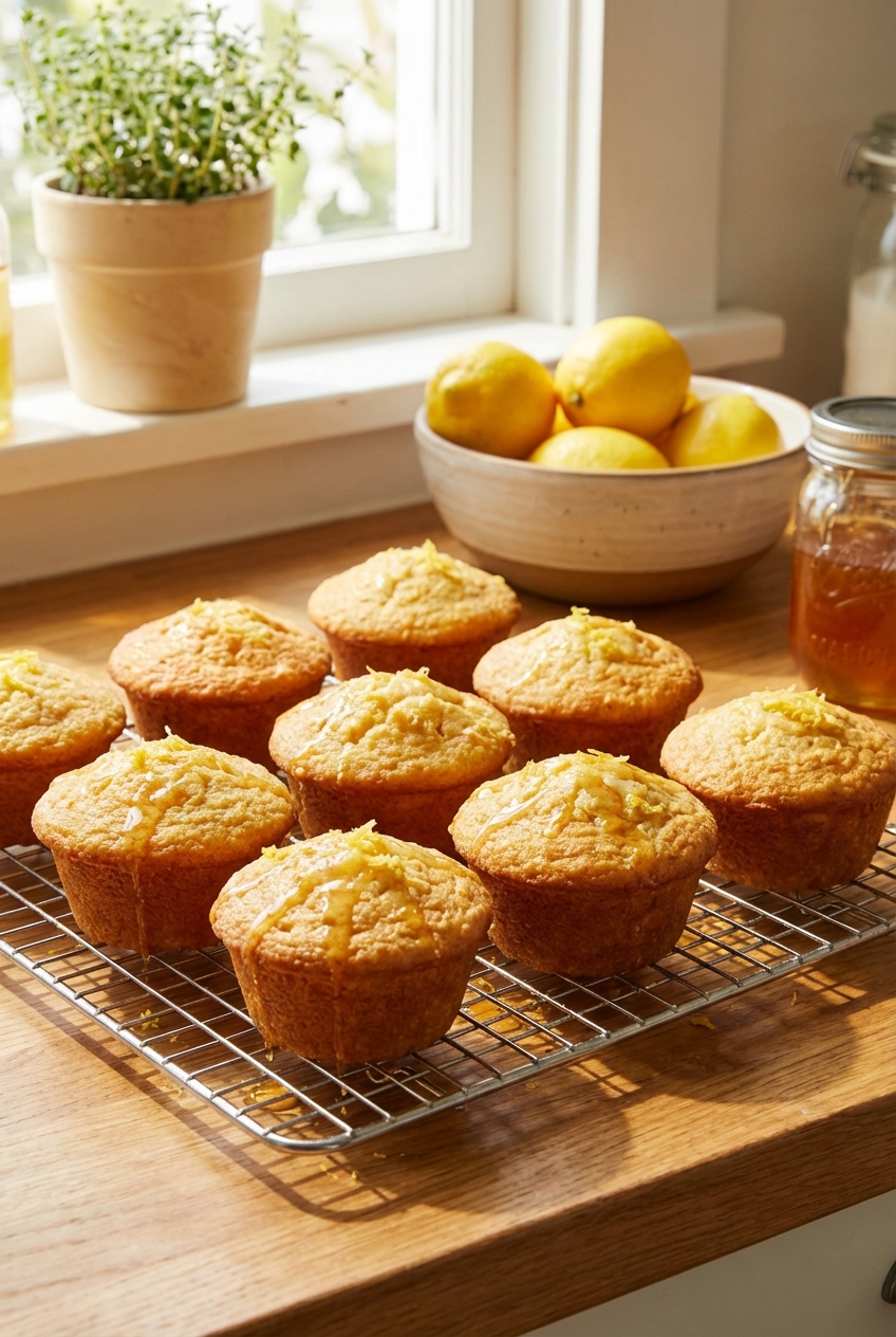 Fresh lemon honey muffins on a cooling rack in a bright kitchen