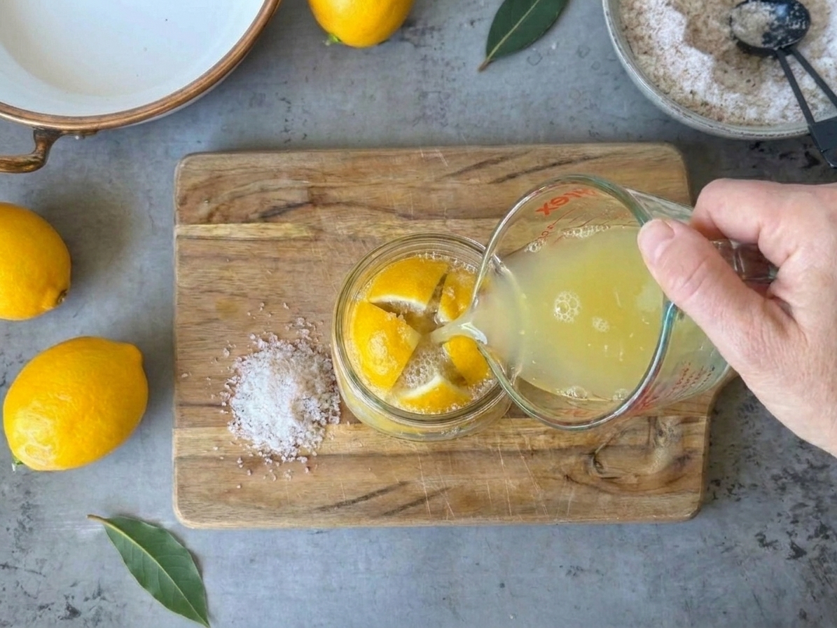 Fresh lemon juice being poured into a jar to cover packed lemon quarters