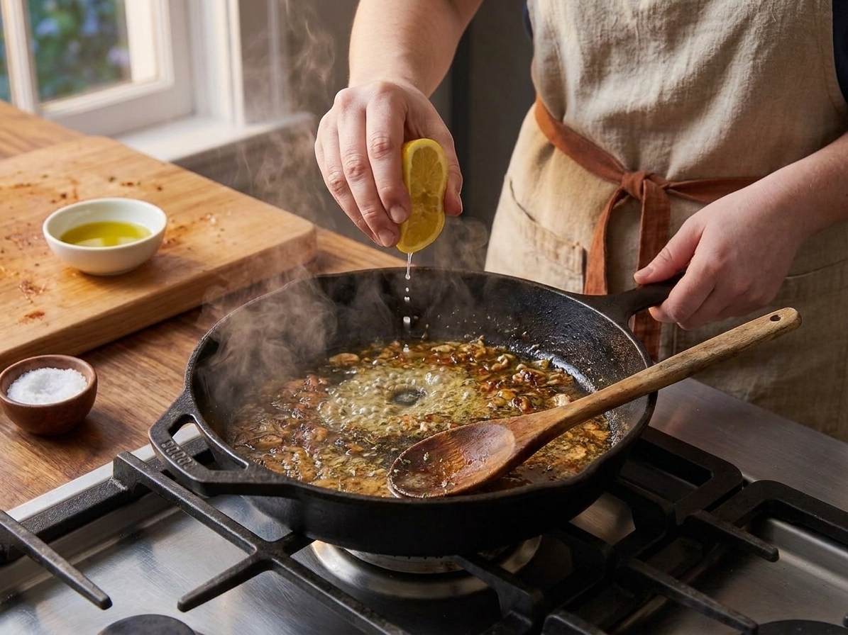 Fresh lemon juice being squeezed into a hot skillet to finish a glossy pan sauce, with steam rising in warm kitchen light