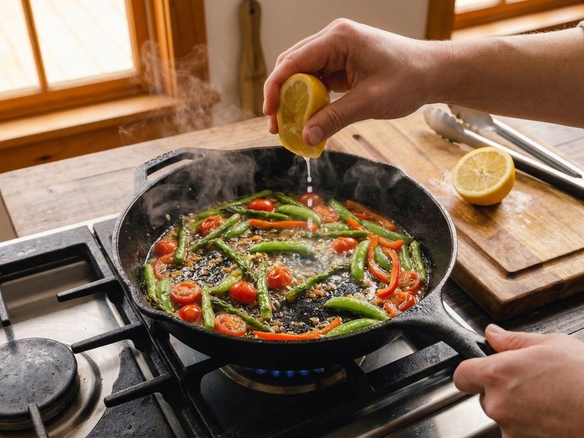 Fresh lemon juice being squeezed into a hot skillet on a stovetop