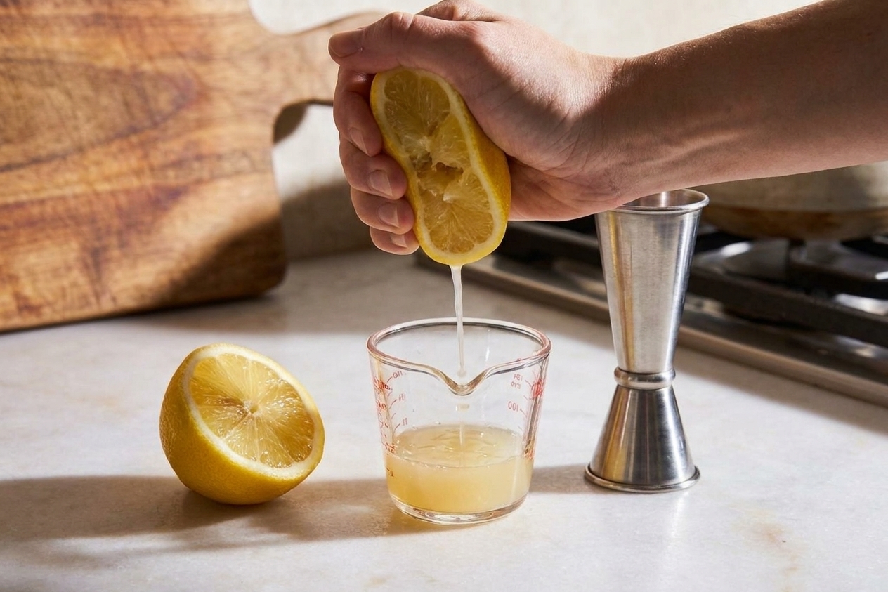 Fresh lemon juice being squeezed into a small measuring cup on a kitchen counter beside a jigger