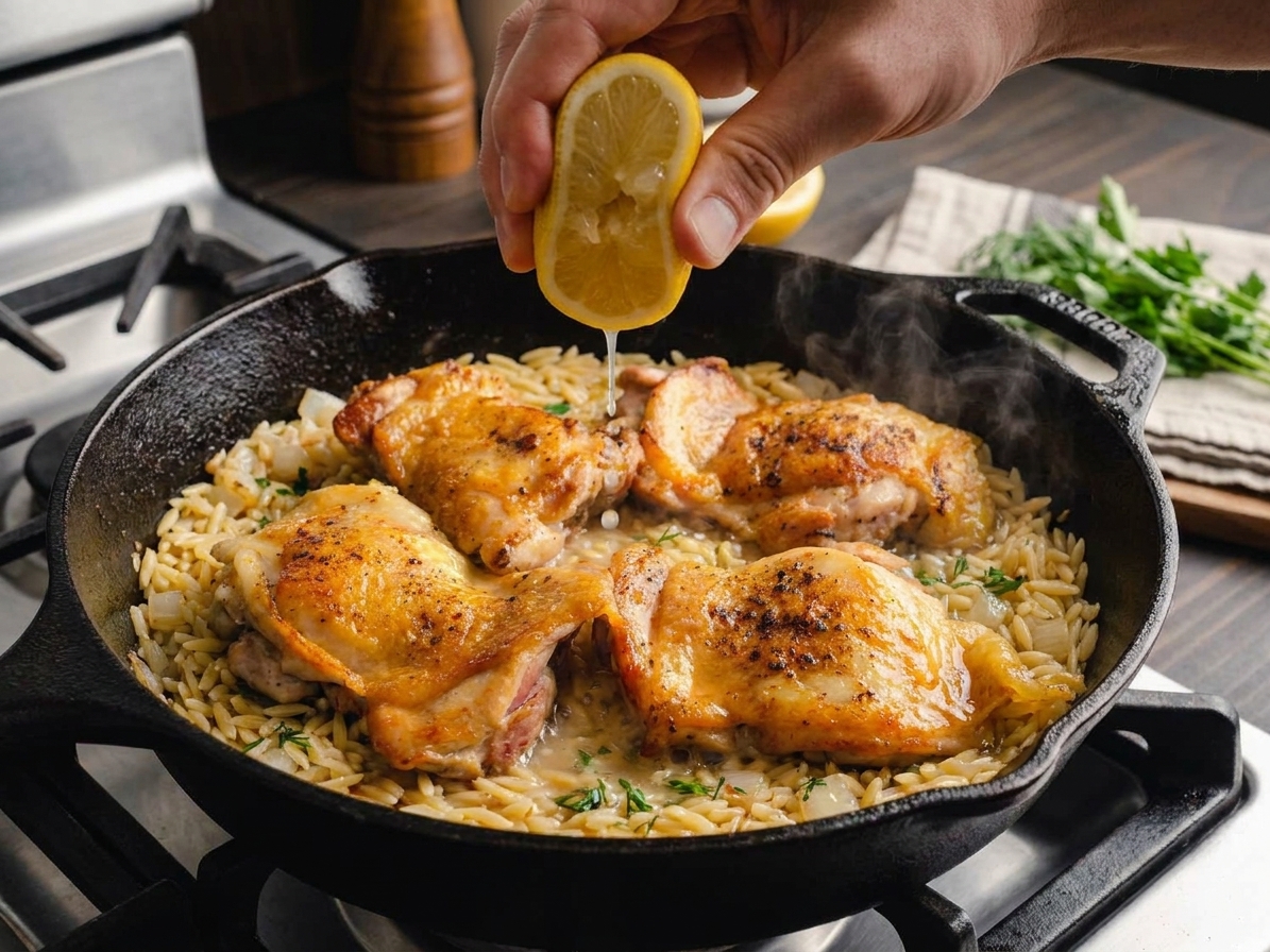Fresh lemon juice being squeezed over a skillet of chicken and orzo on the stovetop