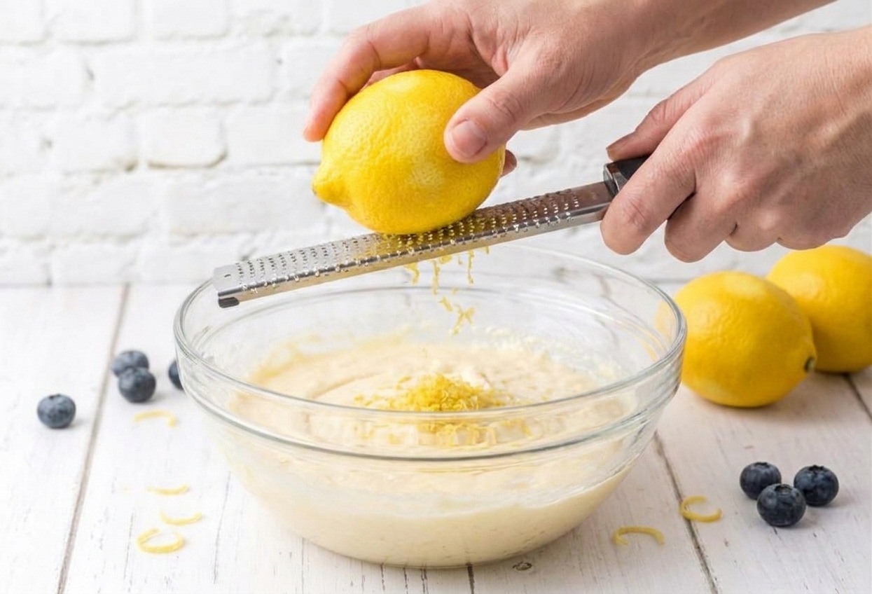 Fresh lemon zest being added to pale cake batter in a mixing bowl, with a microplane and lemons nearby