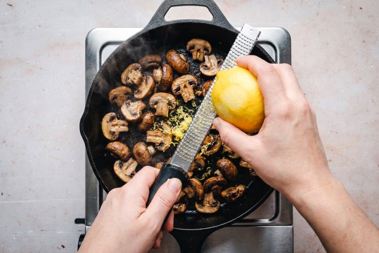 Fresh lemon zest being grated over sautéed mushrooms in a skillet on a stovetop