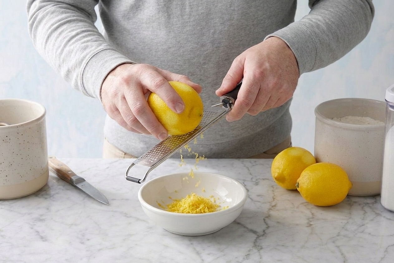 Fresh lemon zest being grated with a microplane into a small bowl on a bright kitchen counter