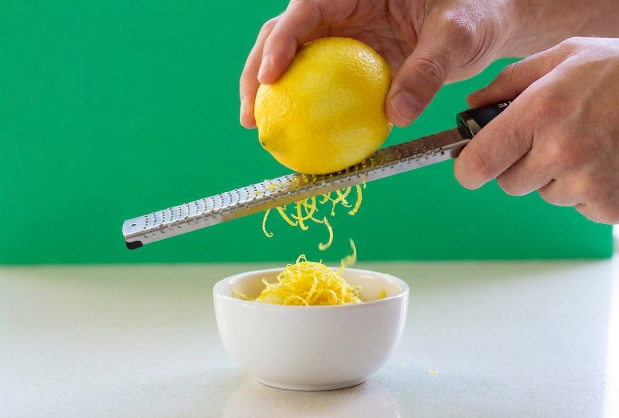 Fresh lemon zest being grated with a microplane over a small bowl on a bright kitchen counter