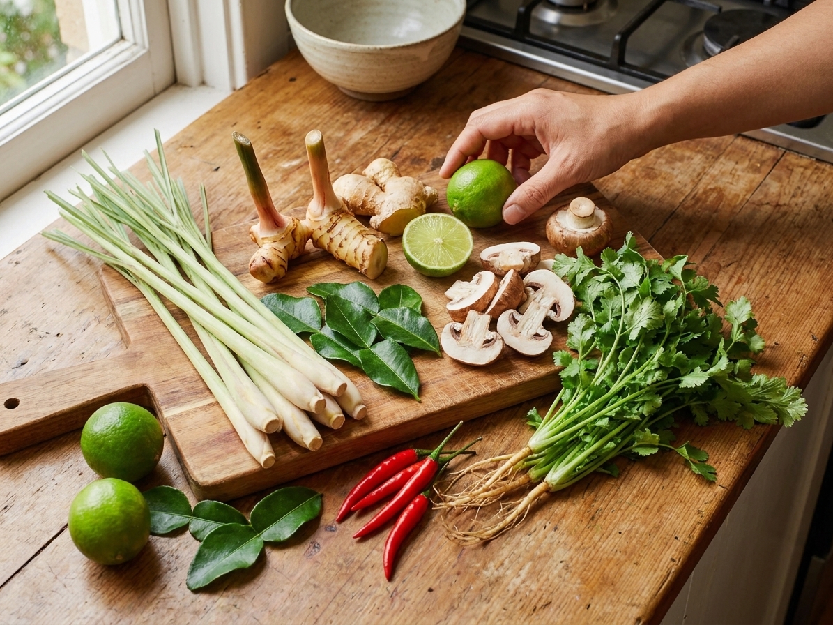 Fresh lemongrass stalks, galangal or ginger, makrut lime leaves, limes, mushrooms, cilantro, and red chiles arranged on a kitchen counter
