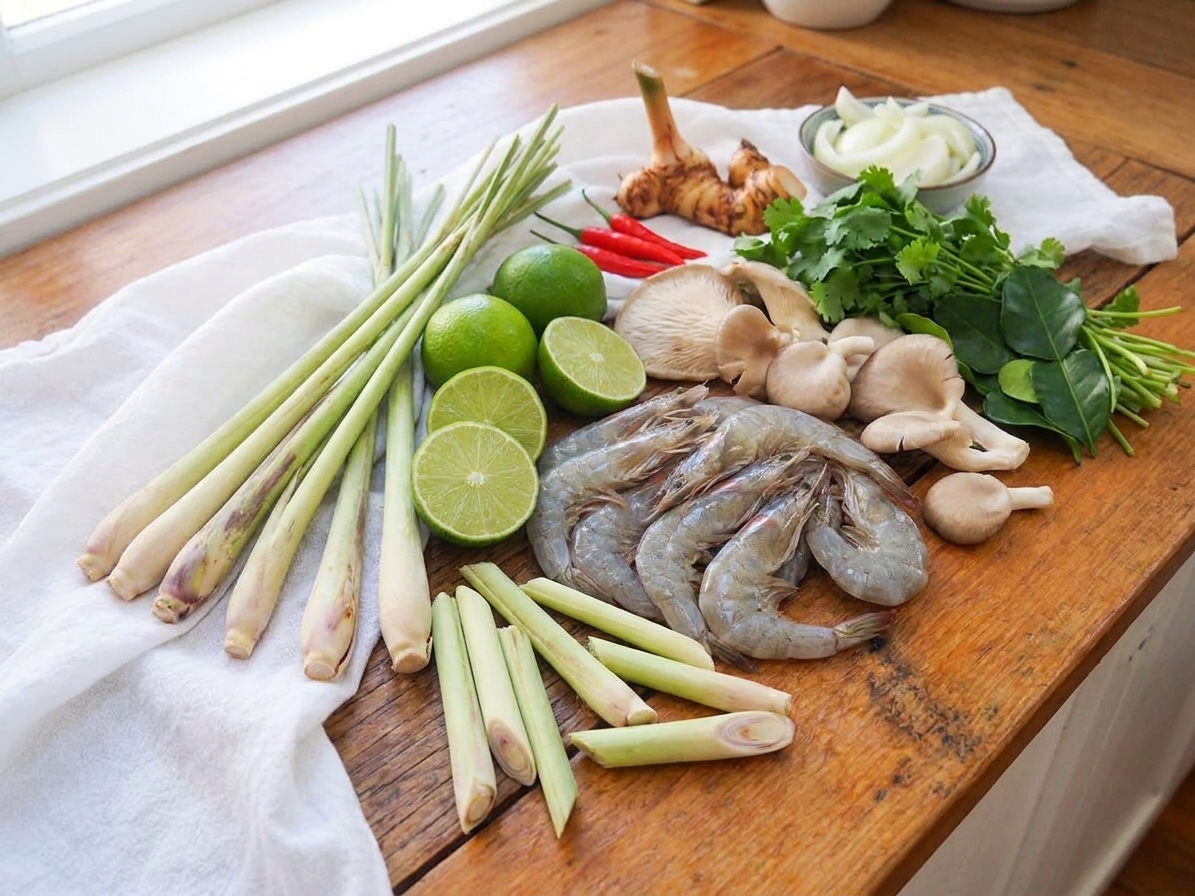 Fresh lemongrass stalks, limes, mushrooms, shrimp, and herbs arranged on a bright kitchen counter