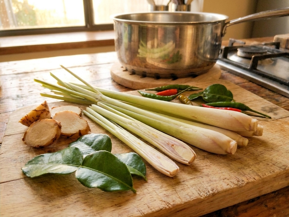 Fresh lemongrass stalks, sliced galangal, and makrut lime leaves arranged on a wooden cutting board on a bright kitchen counter