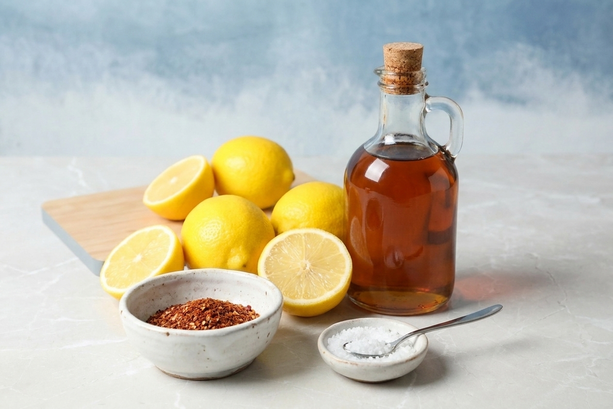 Fresh lemons, a bottle of maple syrup, a small bowl of cayenne pepper, and a pinch bowl of sea salt arranged on a kitchen counter