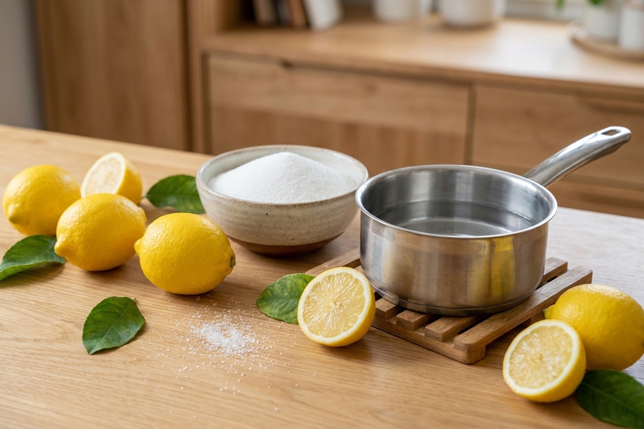 Fresh lemons, a bowl of sugar, and a small saucepan of water arranged on a clean kitchen counter