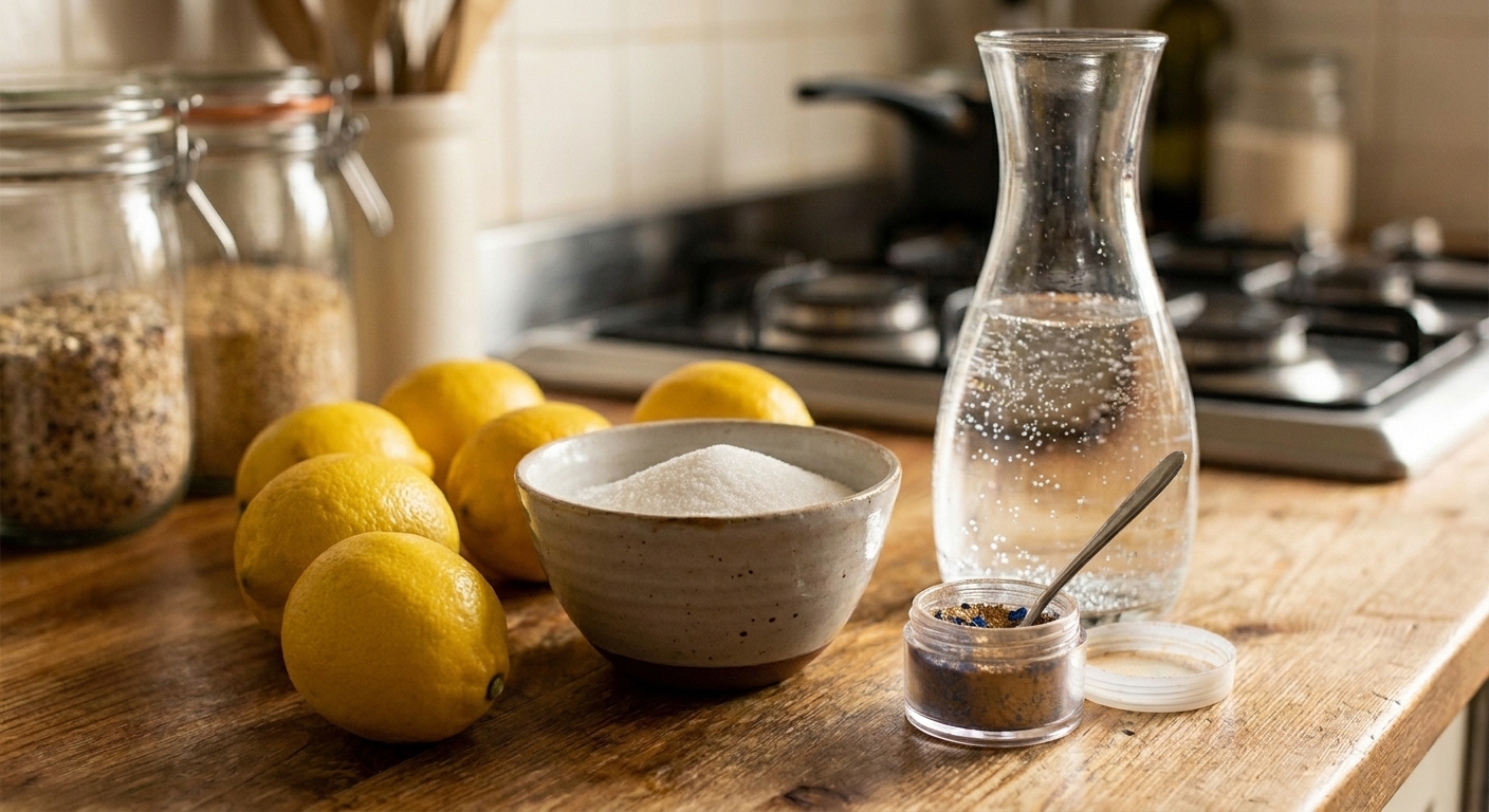 Fresh lemons, a bowl of sugar, sparkling water, and a small container of edible luster dust arranged on a kitchen counter