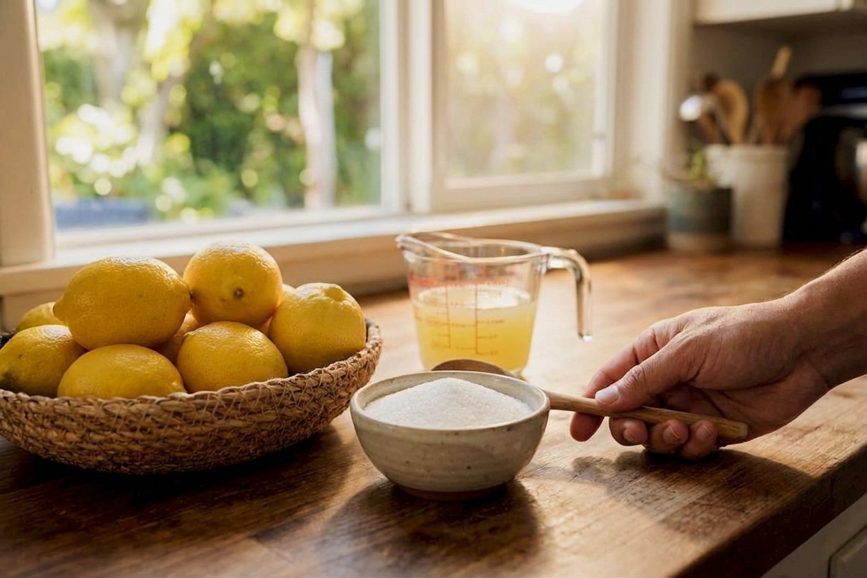 Fresh lemons, a small bowl of sugar, and a measuring cup of lemon juice arranged on a clean kitchen counter