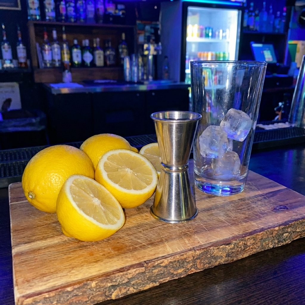 Fresh lemons and a cocktail jigger on a wooden cutting board with a highball glass nearby