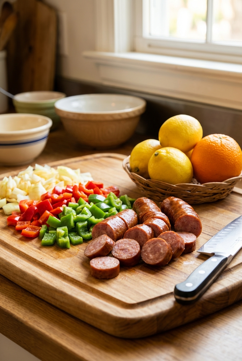 Fresh lemons and an orange next to a cutting board with sliced kielbasa and chopped vegetables