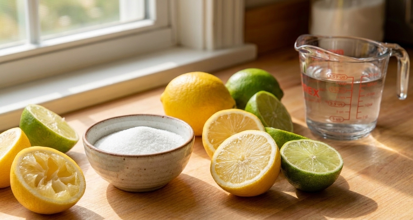 Fresh lemons and limes with a small bowl of sugar and a measuring cup of water arranged on a kitchen counter