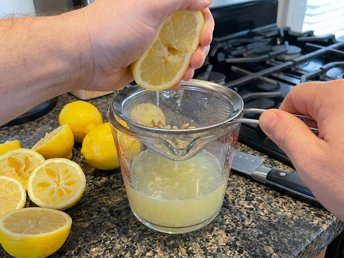 Fresh lemons being juiced into a measuring cup on a kitchen counter, with a few lemon halves nearby