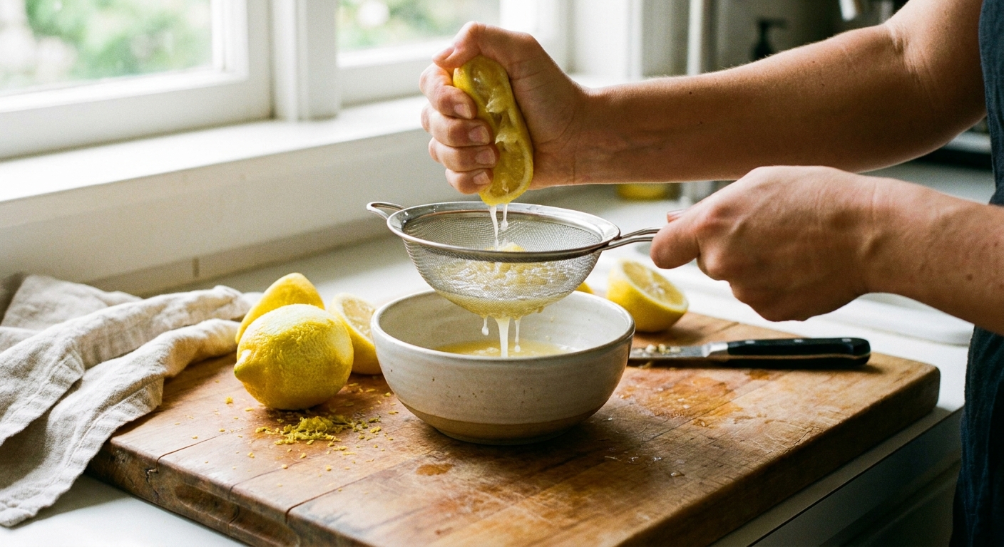 Fresh lemons being squeezed by hand over a fine mesh strainer on a wooden cutting board, bright natural kitchen light