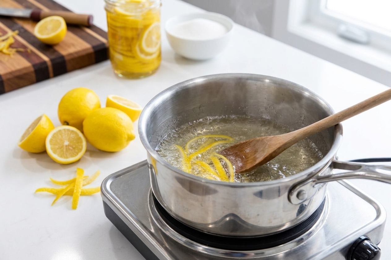 Fresh lemons beside a small saucepan of dissolving sugar syrup with lemon zest and a wooden spoon on a kitchen counter