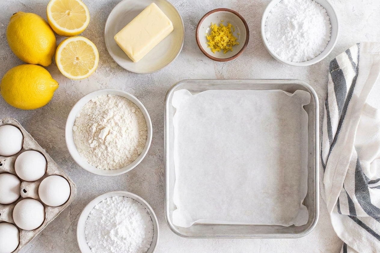 Fresh lemons, butter, flour, eggs, and powdered sugar arranged on a light stone countertop with a square metal baking pan nearby