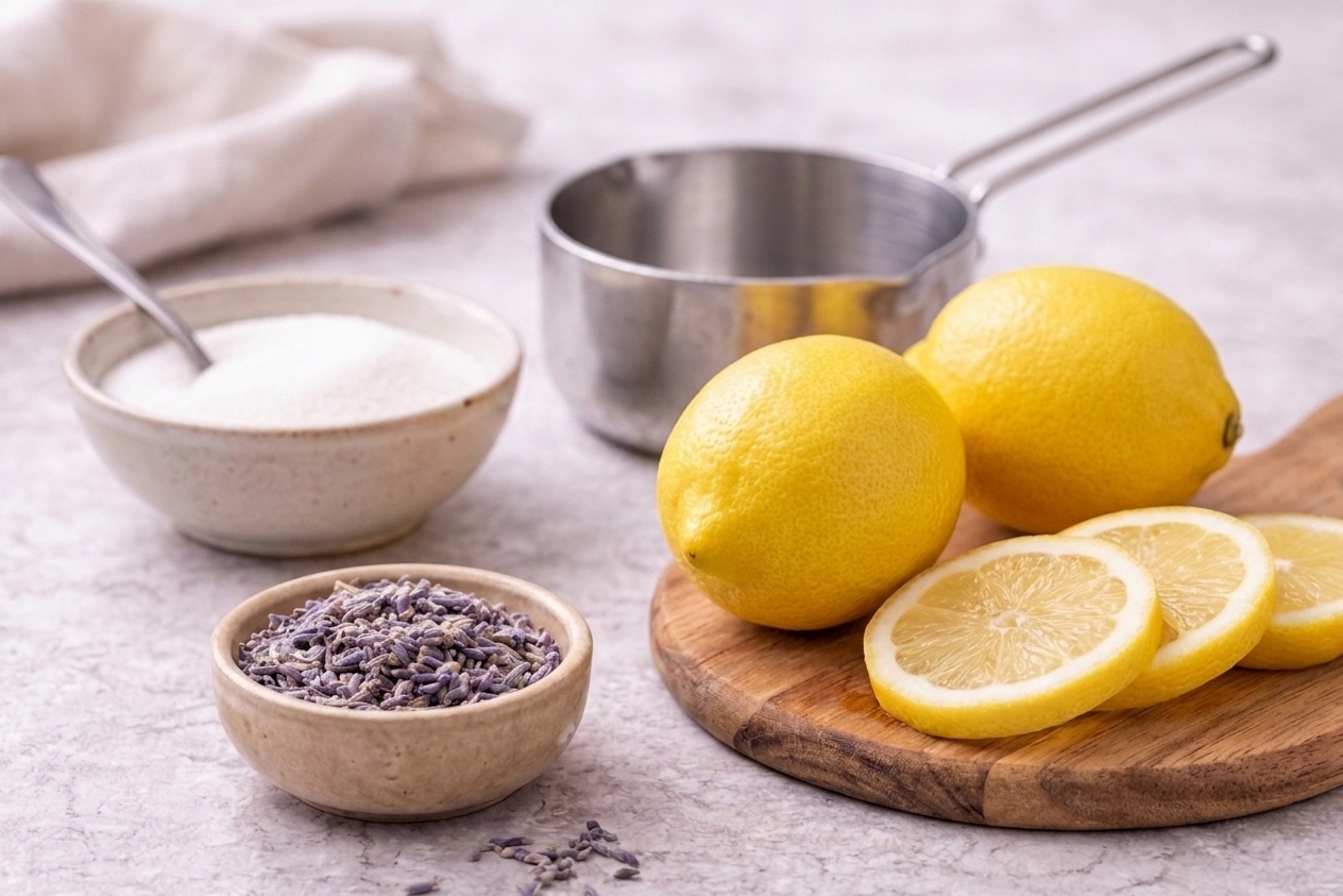 Fresh lemons, dried culinary lavender buds, and granulated sugar arranged on a neutral kitchen counter beside a small saucepan