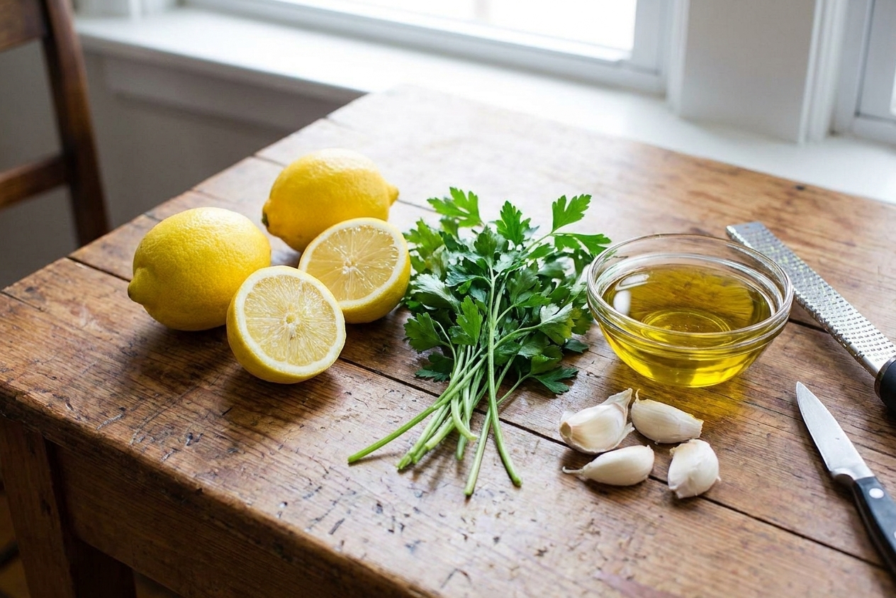Fresh lemons, parsley, garlic cloves, and a small bowl of olive oil arranged on a kitchen counter for a Mediterranean rice recipe