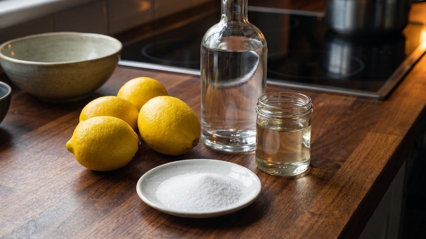 Fresh lemons, vodka, a small jar of simple syrup, and a plate of sugar arranged on a clean kitchen counter