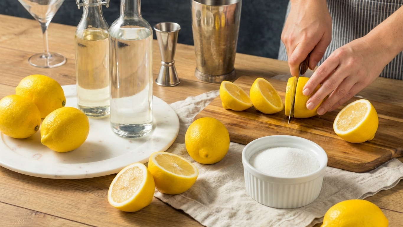 Fresh lemons, vodka, simple syrup, and a small bowl of sugar arranged on a bright kitchen counter with a cocktail shaker nearby
