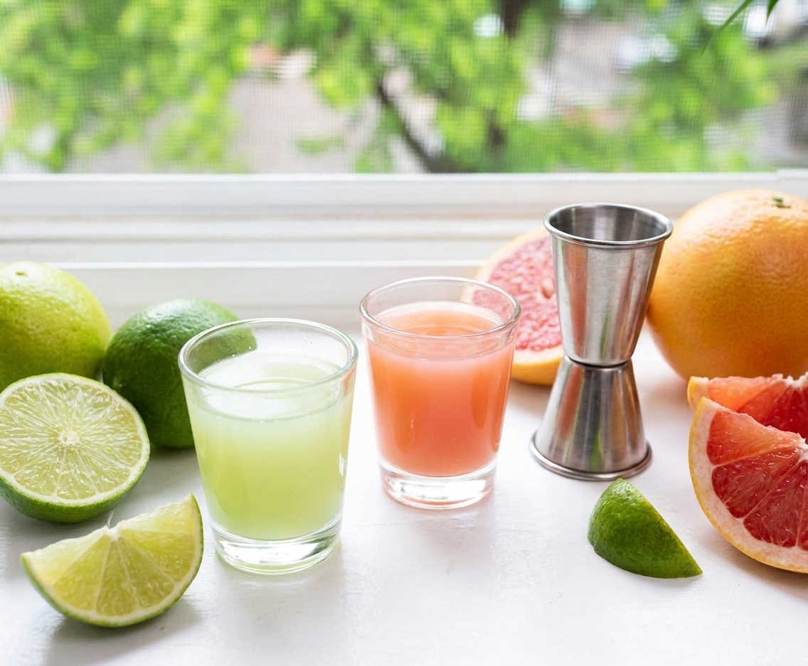 Fresh lime and grapefruit juice in small glass cups next to a jigger on a kitchen counter