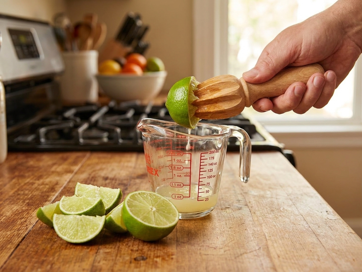 Fresh lime being juiced with a handheld citrus reamer into a small measuring cup on a kitchen counter