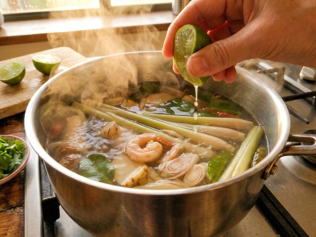Fresh lime being squeezed into a pot of tom yum soup on the stove, with steam rising
