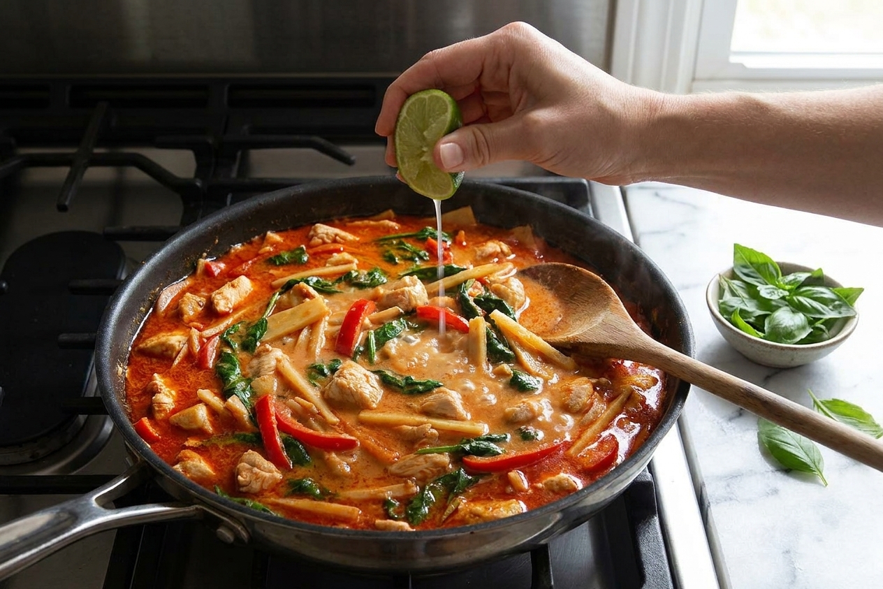 Fresh lime being squeezed over a pan of chicken red curry on a stovetop, with basil ready to scatter in
