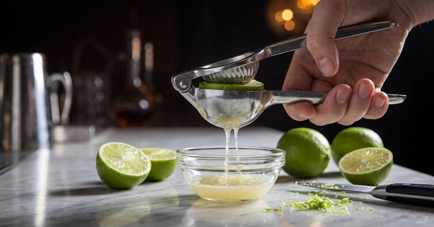 Fresh lime being squeezed with a handheld citrus press over a small bowl on a kitchen counter