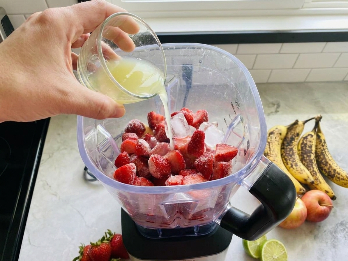 Fresh lime juice being poured into a blender jar filled with frozen strawberries and ice on a bright kitchen counter