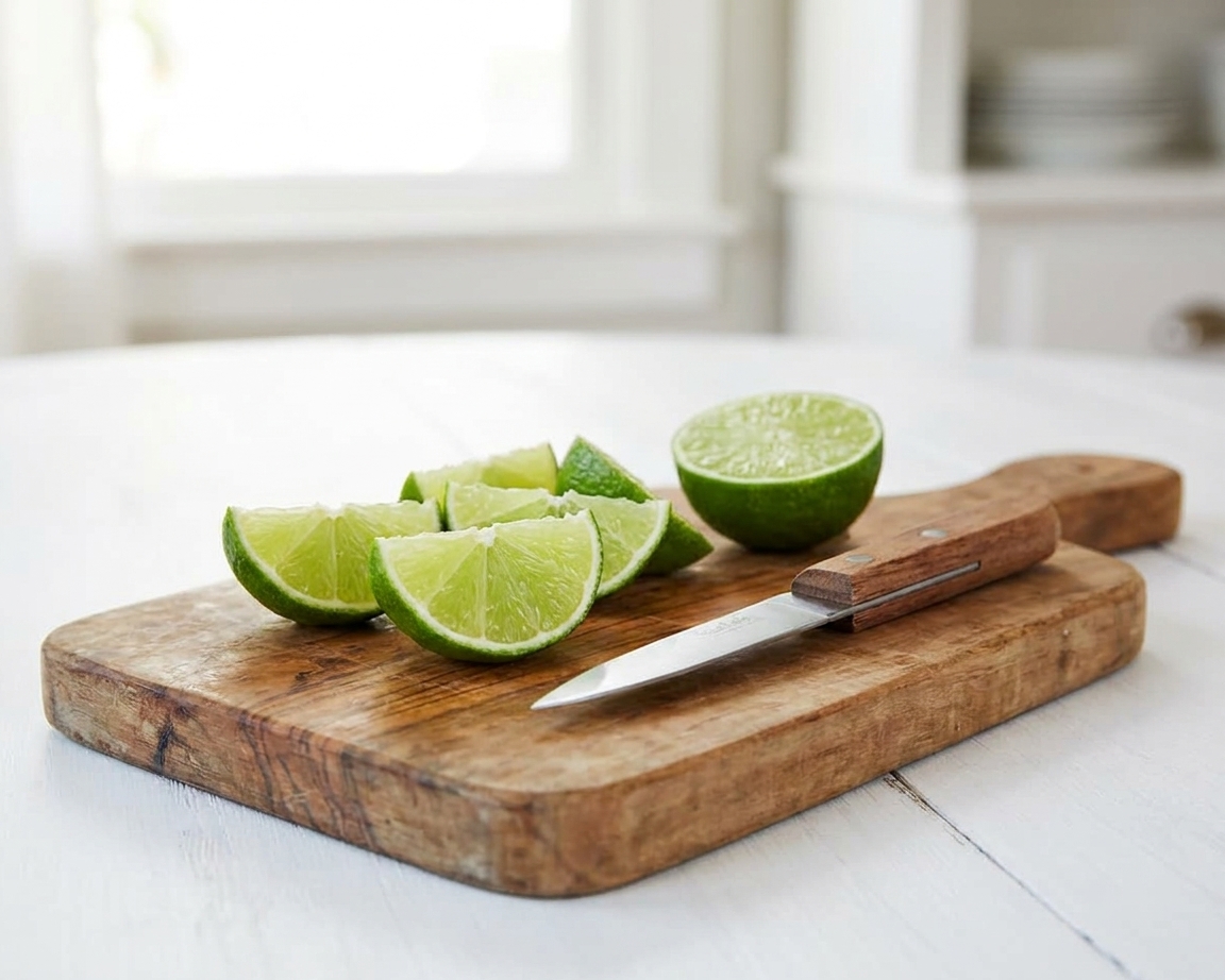 Fresh lime wedges on a small cutting board with a paring knife on a bright kitchen counter