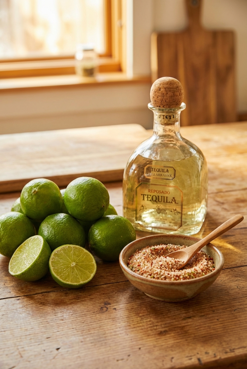 Fresh limes, a bottle of tequila, and a small bowl of chili-lime salt on a kitchen counter