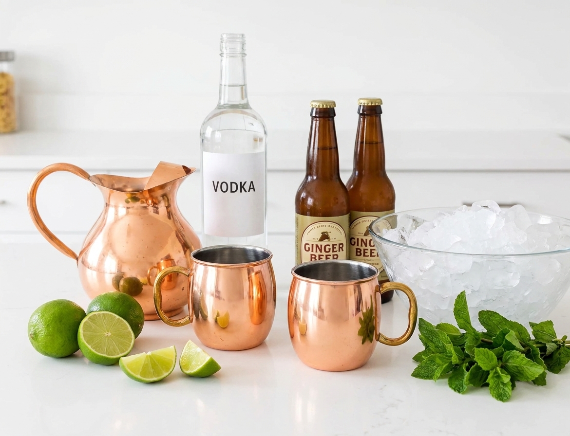 Fresh limes, a bottle of vodka, ginger beer bottles, mint, and a bowl of ice arranged on a clean kitchen counter
