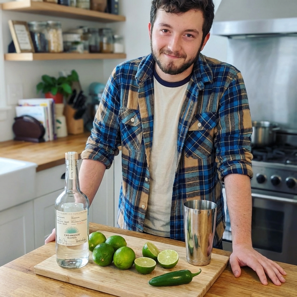 Fresh limes, a jalapeño, and a bottle of tequila arranged on a kitchen counter with a cocktail shaker