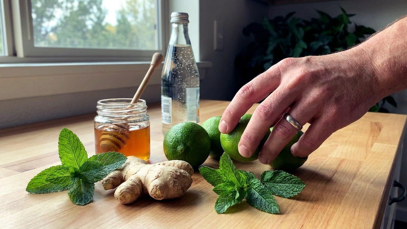 Fresh limes, a knob of ginger, mint sprigs, honey, and a bottle of sparkling water arranged on a clean kitchen counter