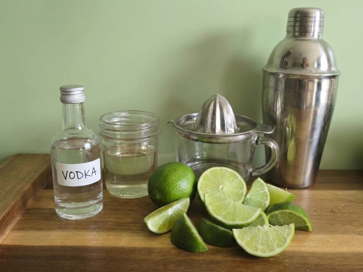Fresh limes, a small bottle of vodka, and a jar of simple syrup arranged on a kitchen counter with a citrus juicer