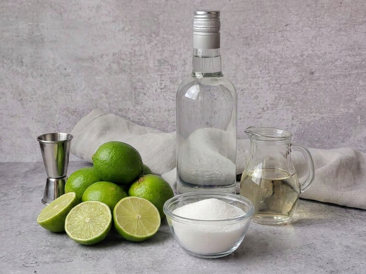 Fresh limes, a small bowl of sugar, a bottle of vodka, and a small pitcher of simple syrup arranged on a tidy kitchen counter