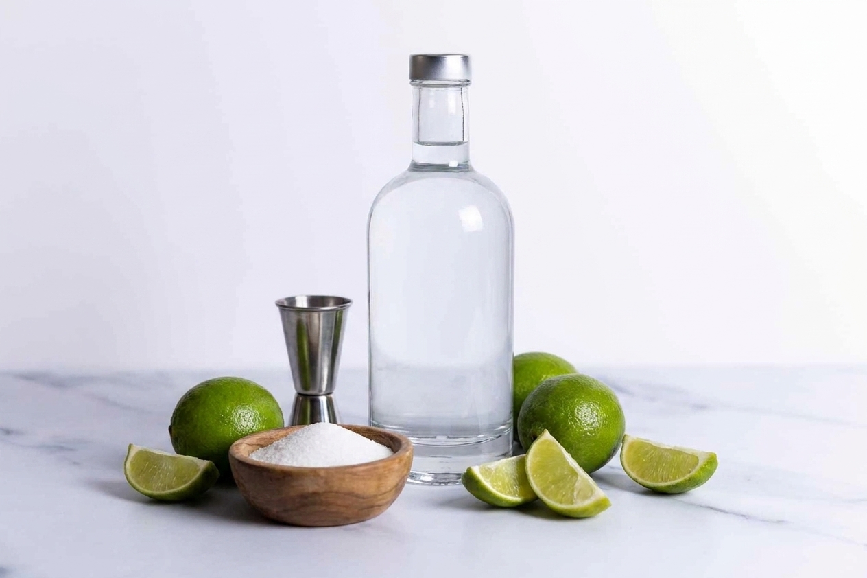 Fresh limes, a small bowl of sugar, a jigger, and a bottle of vodka arranged on a kitchen counter